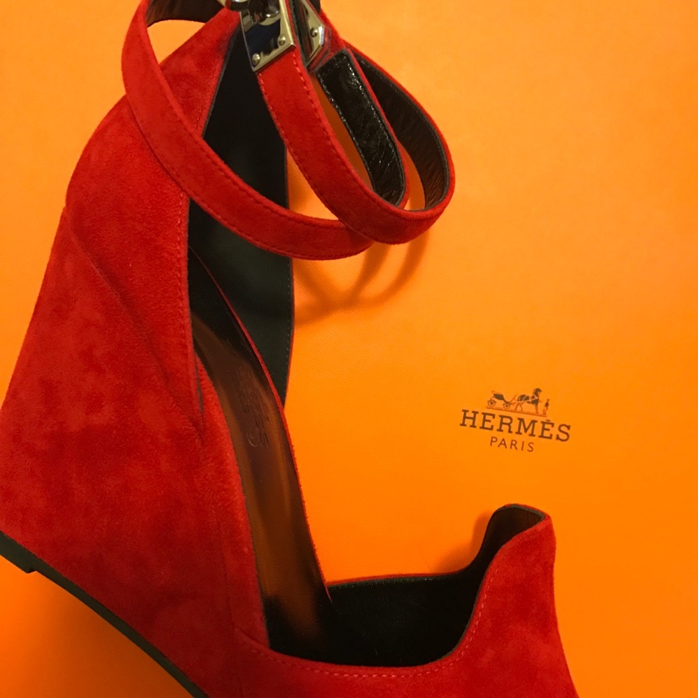 Hermes Red Suede “Lively” Wedge Heels